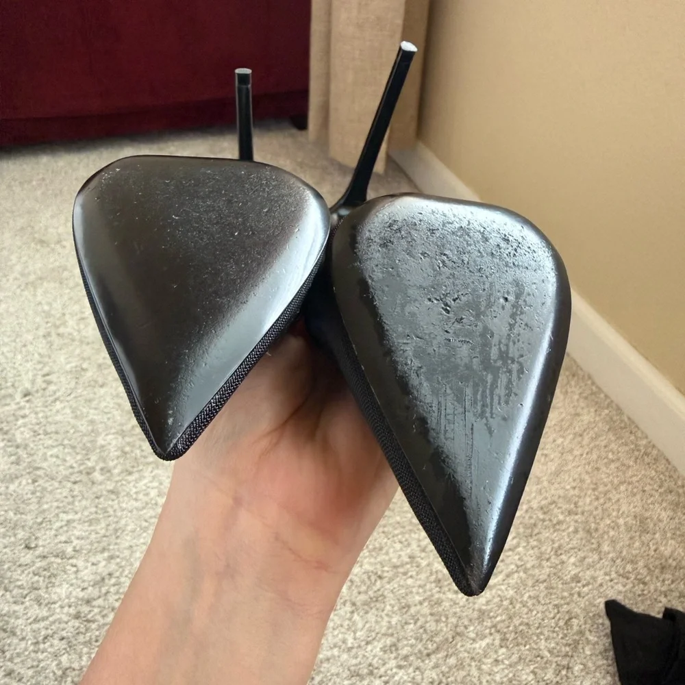 Saint Laurent Black Pointed Satin Pumps with Gold Insole Logo - Picture 7 of 7